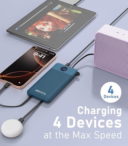 Portable Charger with Built in Cables, Slim 10000mAh Power Bank, USB C Battery Pack Travel, 4 Output 2 Input External Charging Bank for iPhone 17/16/15/14/13,Samsung, Android, etc-Blue(1 Pack)
