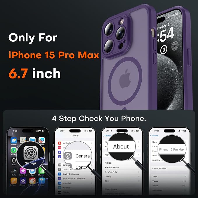 TOCOL for Phone 15 Pro Max Case, Compatible with Magsafe Charger, Full Camera Protection, Drop Protection, Translucent Matte Phone Case for iPhone 15 Pro Max 6.7 inch (Midnight Purple)