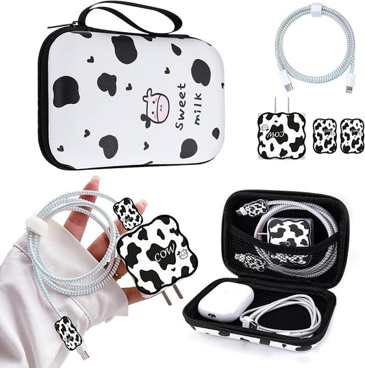CameCosy DIY Phone Charger Cover Storage Sets Cable USB Earphone Wire Saver Organizer with Travel Storage Bag, Soft Cute Cable Protector Phone Charger Protector Compatible for iPhone(Milk Cow)