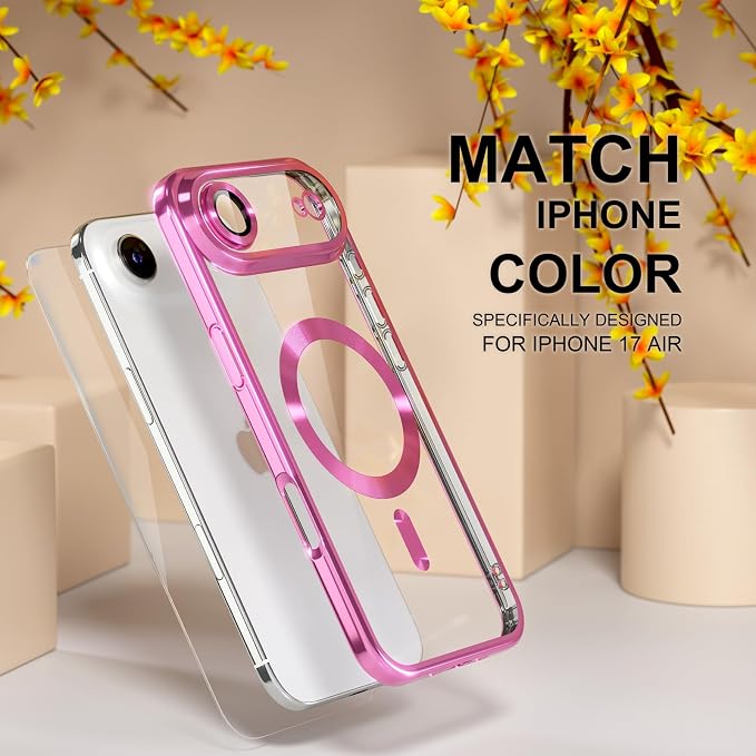 Misea Magnetic for iPhone 17 Air Case Compatible with MagSafe [Never Yellowing] [Military Grade Drop Protection] Full Camera Lens Protector Plating Soft Clear Phone Case for Women, Hot Pink