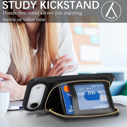 Crossbody Wallet Case for iPhone Air, PU Leather Zipper Handbag Purse Flip Cover, Kickstand Folio Case with Card Slots Holder Wrist Strap Lanyard 5G 6.5 Inch-Black