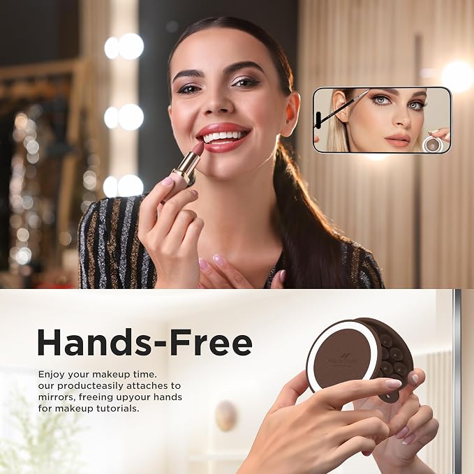 Magnetic Suction Cup Phone Mount with MagSafe, Silicone Hands-Free Grip Holder for iPhone Case and Android, Mirror Shower Phone Stand for Makeup FaceTime Gym Kitchen Bathroom, Chocolate