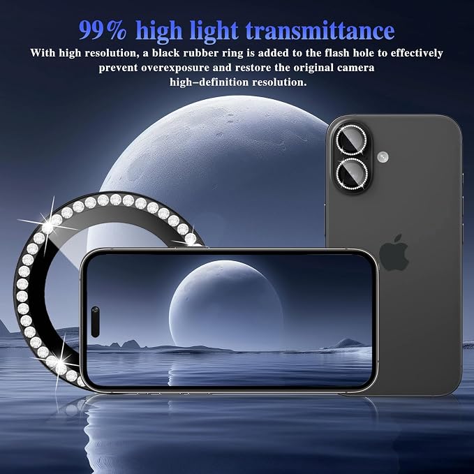 ShinKin Camera Lens Protector for iPhone 16/iPhone 16 Plus, Bling Glitter Camera Cover, 9H Tempered Glass Individual Metal Ring Camera Protector for iPhone 16/iPhone 16 Plus (Diamond - Black)