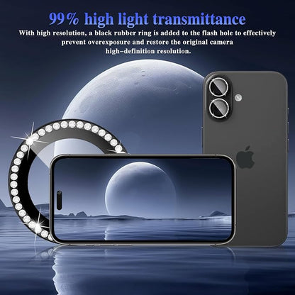 ShinKin Camera Lens Protector for iPhone 16/iPhone 16 Plus, Bling Glitter Camera Cover, 9H Tempered Glass Individual Metal Ring Camera Protector for iPhone 16/iPhone 16 Plus (Diamond - Black)