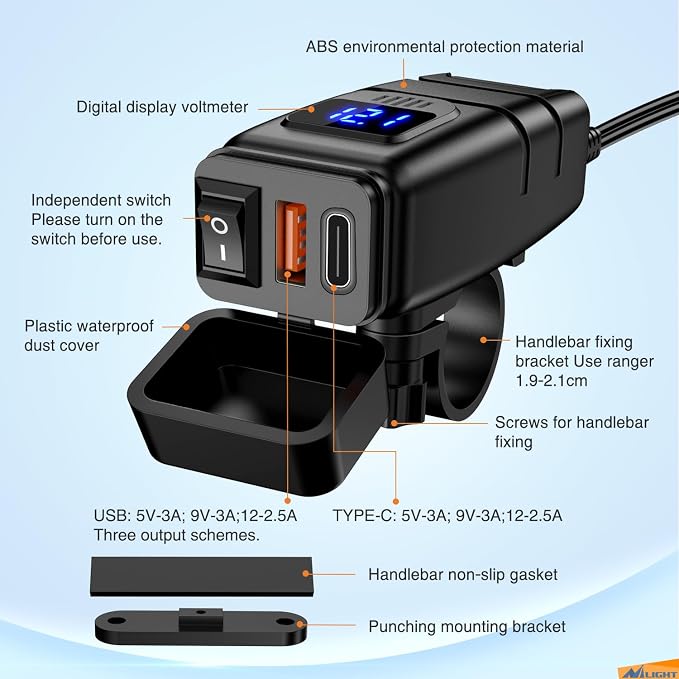 Nilight Motorcycle USB Type C Port 12V Voltmeter Independent On Off Switch SAE Inline 10A Fuse Waterproof 6.8A QC3.0 Fast Phone Tablet for 7/8inch Handlebar