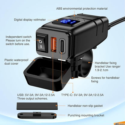 Nilight Motorcycle USB Type C Port 12V Voltmeter Independent On Off Switch SAE Inline 10A Fuse Waterproof 6.8A QC3.0 Fast Phone Tablet for 7/8inch Handlebar