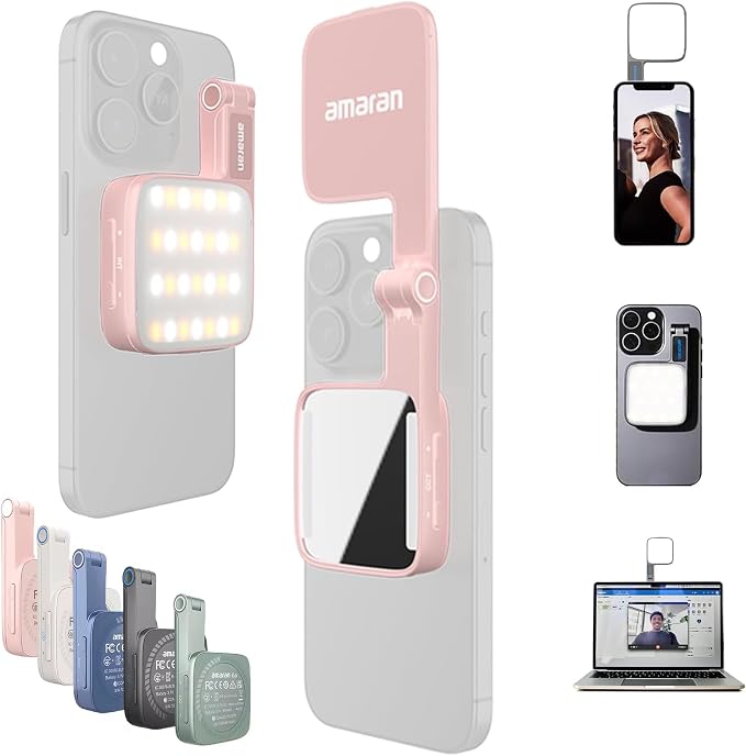 Magnetic Selfie Phone Light,Amaran Go Dual LED Light Source with Adjustable Mirror Light CCT 2700K-6500K,Rechargeable for Selfie,Makeup,Video Conference,TikTok,for iPhone & Android (Pink)