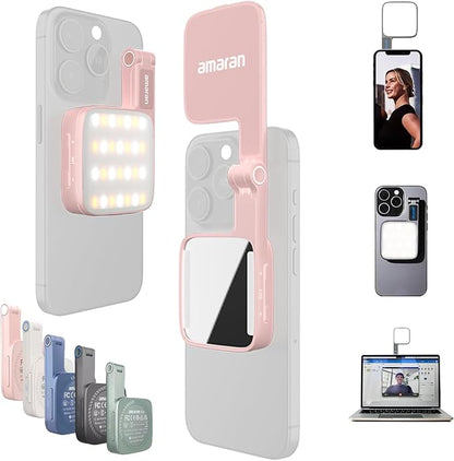 Magnetic Selfie Phone Light,Amaran Go Dual LED Light Source with Adjustable Mirror Light CCT 2700K-6500K,Rechargeable for Selfie,Makeup,Video Conference,TikTok,for iPhone & Android (Pink)
