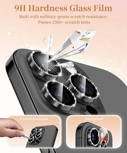 GolbinBox Camera Lens Protector for iPhone 15 Pro/15 Pro Max, 1:1 Invisible Fit, 9H Tempered Glass Ultra HD Metal Individual Camera Cover for Women, Case Friendly, Bling/Black