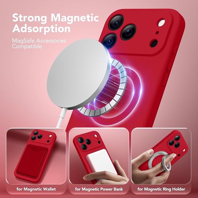 Magnetic for iPhone 17 Pro Case, Compatible with MagSafe, [Full Camera Protection][Screen Protector] Silicone Shockproof Protective Phone Case for iPhone 17 Pro 6.3", Deep Red