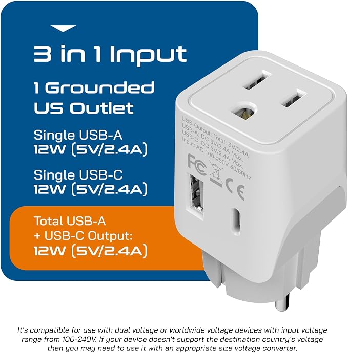 Ceptics Schuko, Germany, France, Spain Travel Adapter Plug with USB-A+USB-C- Usa Input Type E/F - Ultra Compact Perfect for Cell Phones, Laptop, Camera Chargers, iWatch, iPad, iPhone and More (CTU-9)