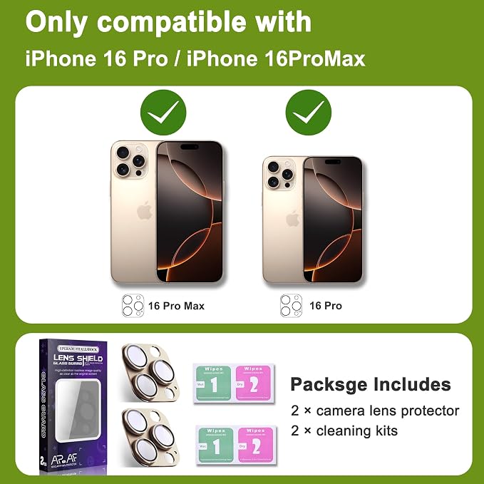 2-Pack Shatterproof Camera Lens Protector for iPhone 16 Pro/16 Pro Max |AR Tempered Glass Strong Adsorption Metal Camera Cover Screen(Desert Gold)