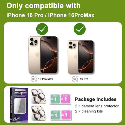 2-Pack Shatterproof Camera Lens Protector for iPhone 16 Pro/16 Pro Max |AR Tempered Glass Strong Adsorption Metal Camera Cover Screen(Desert Gold)