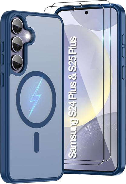 For Samsung Galaxy S24 Plus Case & S25 Plus Case [Compatible with Magsafe] Translucent Matte Magnetic,Slim Thin Duty Shockproof with Screen Protector Protection Case for S24 Plus/S25 Plus-Dark blue