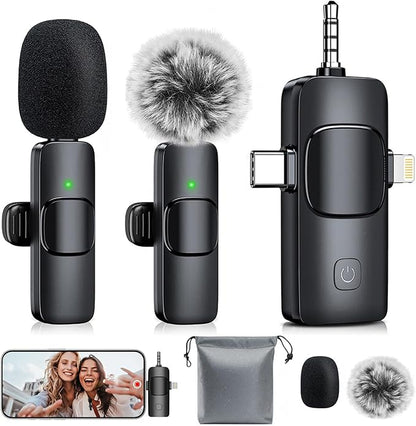 3-in-1 Mini Microphone for iPhone: Wireless Lavalier Microphones for iOS/Android/Camera - Noise Reduction Lapel Mic, Clip on Mic for Video Recording Vlog, YouTube