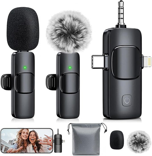 3-in-1 Mini Microphone for iPhone: Wireless Lavalier Microphones for iOS/Android/Camera - Noise Reduction Lapel Mic, Clip on Mic for Video Recording Vlog, YouTube
