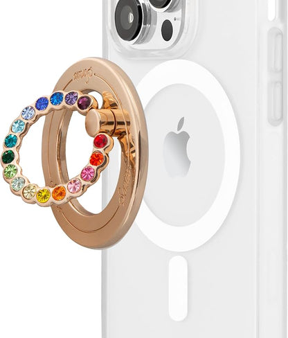Sonix Magnetic Phone Grip and Phone Ring Holder - Compatible with MagSafe - Rotatable Kickstand and Phone Holder for iPhone 16, 15, 14, 13, 12 Series - Gold/Rainbow Rhinestone