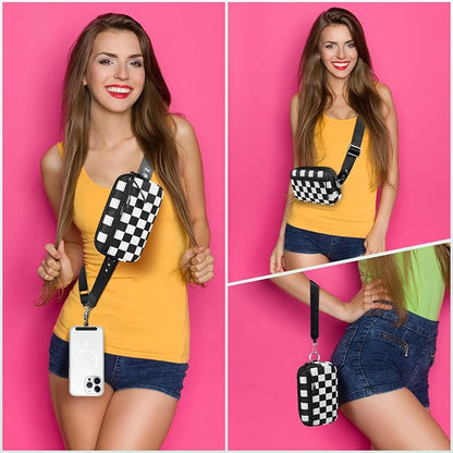 YFWE Clip and Go Strap for Phone with Wallet Crossbody, Adjustable Phone Lanyard with Detachable RFID Wristlet Wallet, Phone Strap with Phone Tabs for All Phones, Black Checkered (L)