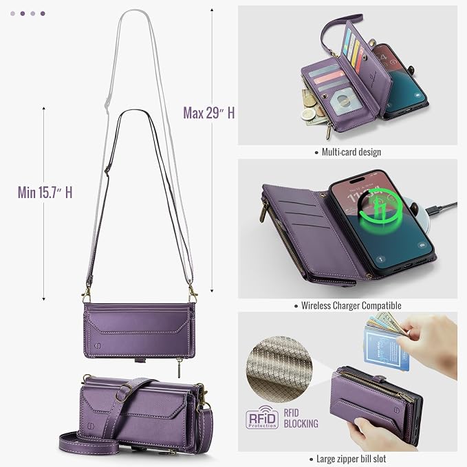 Strapurs Wallet Case Compatible with iPhone 16 Plus 6.7" RFID Blocking 10-Card Holder Soft PU Leather Magnetic Snap Shoulder Strap Zipper Pocket Phone Case Fit for iPhone 16 Plus - Purple