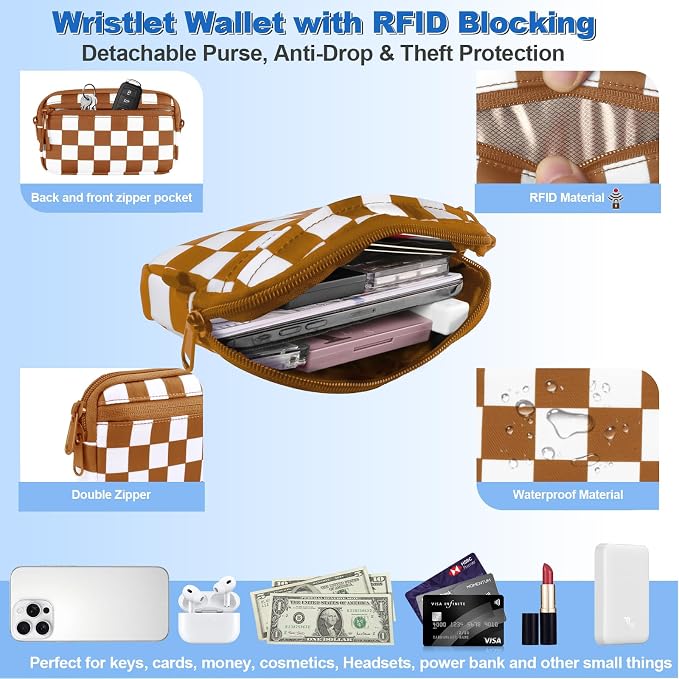 YFWE Clip and Go Strap for Phone with Wallet Crossbody, Adjustable Phone Lanyard with Detachable RFID Wristlet Wallet, Phone Strap with Phone Tabs for All Phones, Bronze Checkered (L)