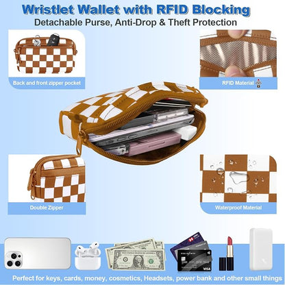 YFWE Clip and Go Strap for Phone with Wallet Crossbody, Adjustable Phone Lanyard with Detachable RFID Wristlet Wallet, Phone Strap with Phone Tabs for All Phones, Bronze Checkered (L)