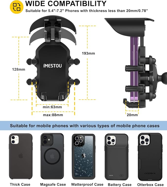 iMESTOU Anti-Vibration Motorcycle Phone Mount, Shock Damping Bike Cellphone Holder with 1" Ball Mount Base 720° Rotatable Fits for 12-32mm Handlebars, Widely Compatible with 5.4"-7.0" Smartphones