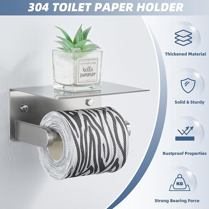 Toilet Paper Holder with Phone Shelf, APLusee SUS 304 Stainless Steel Bathroom Tissue Holder, Wall Mounted Roll Paper Dispenser, Brushed Nickel