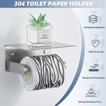 Toilet Paper Holder with Phone Shelf, APLusee SUS 304 Stainless Steel Bathroom Tissue Holder, Wall Mounted Roll Paper Dispenser, Brushed Nickel