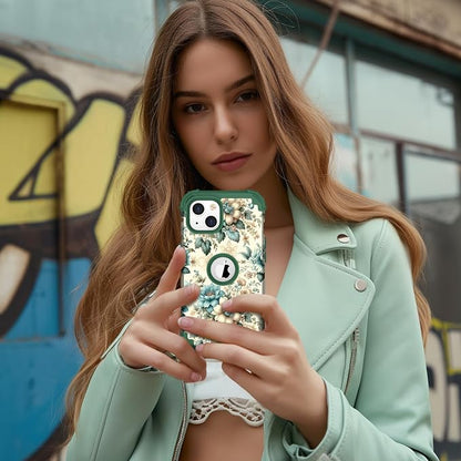 Hocase for iPhone 14 Plus Case, Heavy Duty Shockproof Protection Soft Silicone Rubber+Hard Plastic Bumpers Hybrid Protective Case for iPhone 14 Plus 6.7" 2022 - Teal Blue Flowers