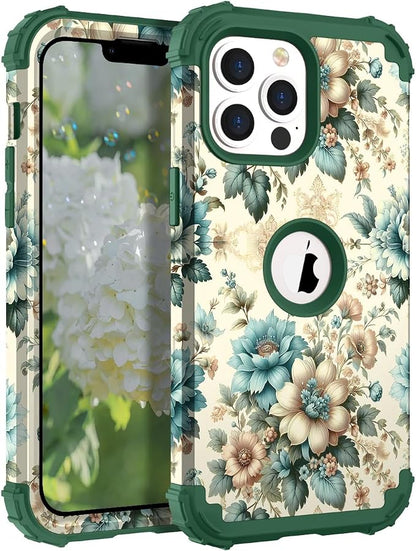 Hocase for iPhone 13 Pro Max Case, Heavy Duty Shockproof Protection Soft Silicone Rubber Bumper+Hard Plastic Hybrid Protective Case for iPhone 13 Pro Max (6.7") 2021 - Teal Blue Flowers