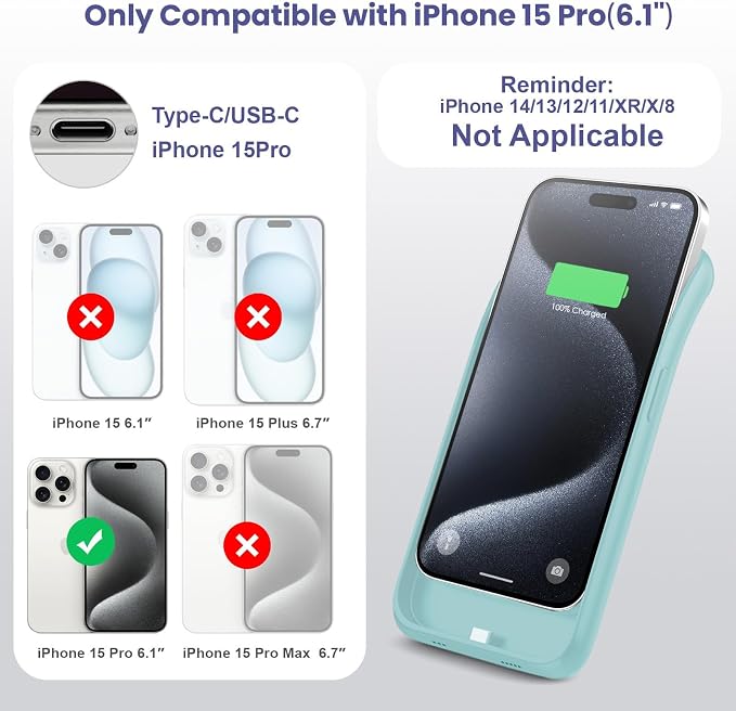 Feob Battery Case for iPhone 15 Pro, [2026 Upgraded] 7500mAh Slim Portable Smart Charging Case Rechargeable Protective Extended Charging Cover for iPhone 15 Pro-Green