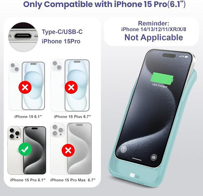 Feob Battery Case for iPhone 15 Pro, [2026 Upgraded] 7500mAh Slim Portable Smart Charging Case Rechargeable Protective Extended Charging Cover for iPhone 15 Pro-Green