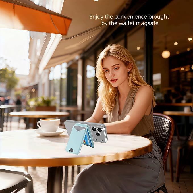 Upgraded for Magsafe Wallet, Strong Magnetic Phone Wallet with Adjustable Stand, Built in Makeup Mirror, 5 Card Holder, Rfid Blocking (Cyan fold)