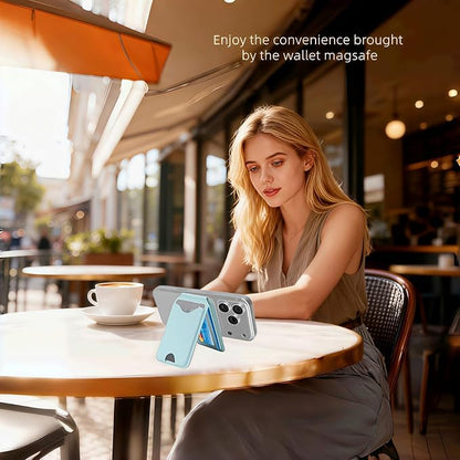 Upgraded for Magsafe Wallet, Strong Magnetic Phone Wallet with Adjustable Stand, Built in Makeup Mirror, 5 Card Holder, Rfid Blocking (Cyan fold)