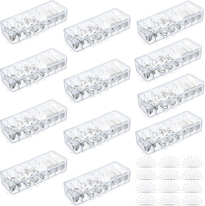 Tatuo 12 Pcs Cord Organizer for Drawer Desktop, Cable Organizer Box with 8 Compartments and Wire Ties, Plastic Charger Storage with Lid, Electronics Case for Home Office Accessories (Small,Clear)