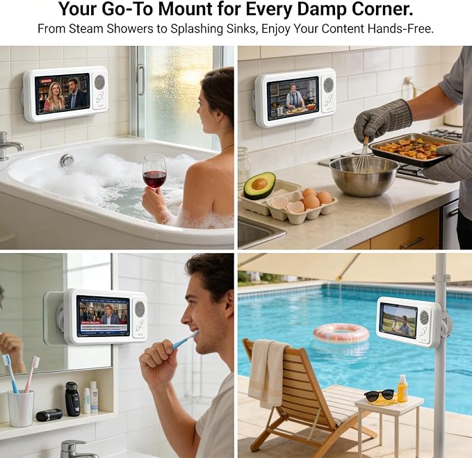 Bluetooth Shower Phone Holder with Speaker, Upgraded Water Proof Phone Holder for Shower,Adjustable Waterproof Box Speaker,Hands-Free Music&Video,360° Rotation,Fixed Mount for Bathroom (2, Bluetooth)
