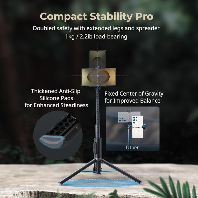 SmallRig ST30 One-Touch Deploy Selfie Stick Tripod, 57.9" Automatic Tripod Stand with Remote and Cold Shoe Mount, for iPhone, for Android, Video Recording, Travel, Vlogging, Black 5291