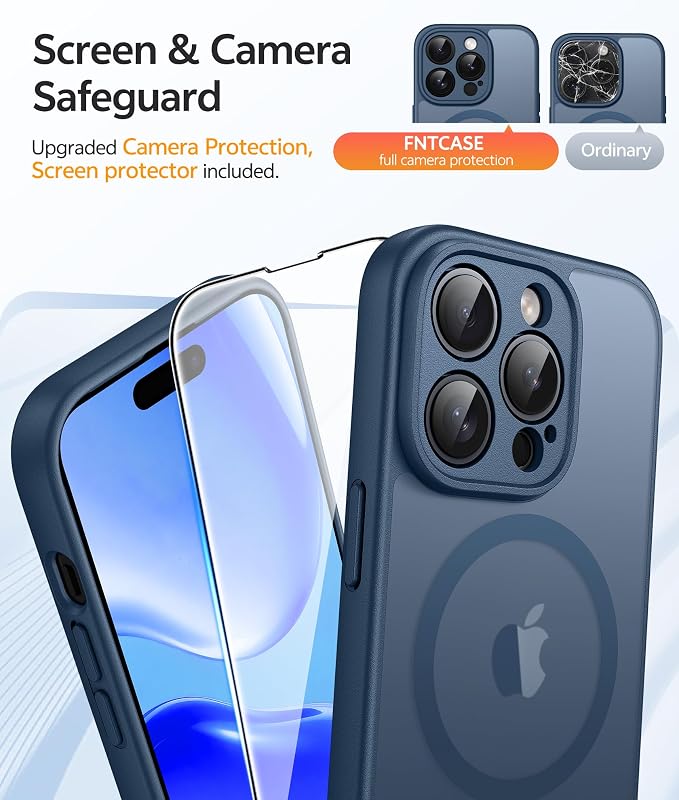 FNTCASE for iPhone 14 Pro Case: [Compatible with Magsafe] Translucent Matte Cases with [Full Camera Protection] [Screen Protector] Military Grade Shockproof Protective Phone Cover - Blue