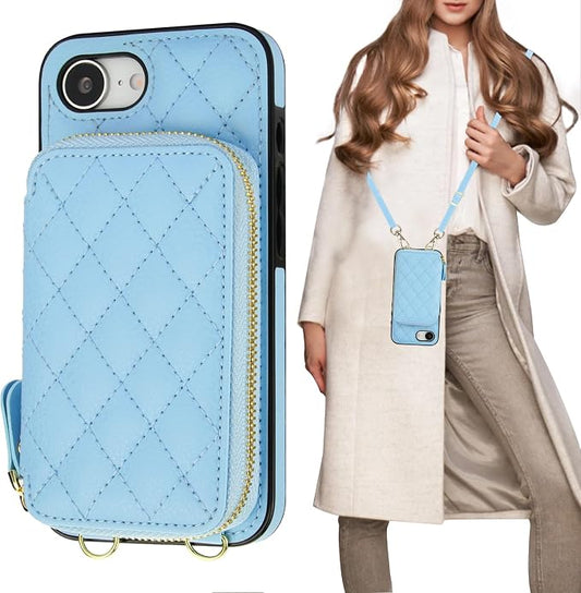 Bocasal Crossbody Wallet Case for iPhone 17e/16e, RFID Blocking PU Leather Zipper Handbag Purse Flip Cover, Kickstand Folio Case with Card Slots Holder Wrist Strap Lanyard 6.1 Inch 5G (Blue)