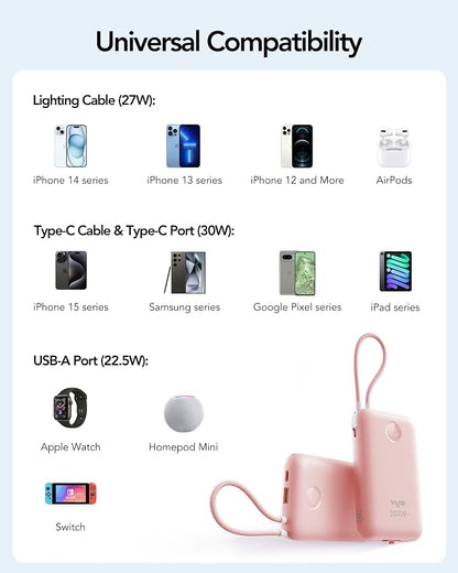 VIYISI Power Bank 20000mAh 30W Fast Charging with Built-in Cables, Pink | LED Display, bulit-in USB C&Lighting cables for iPhone 17/16/15/14, Samsung, iPad and Android Phones