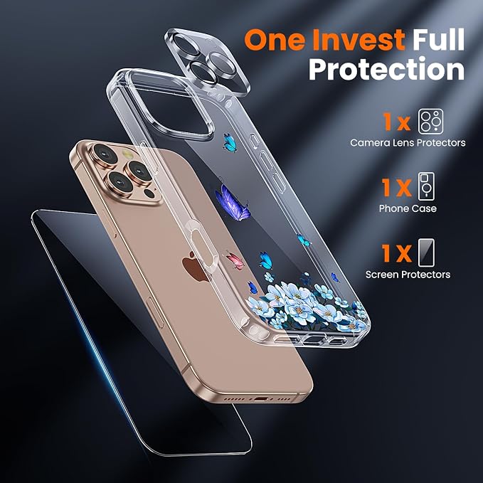 3 in 1 for iPhone 16 Pro Case Clear, Screen Protector *1 & Camera Lens Protector*1, Print Shockproof for iPhone 16 Pro Phone Case 6.3 inch Floral