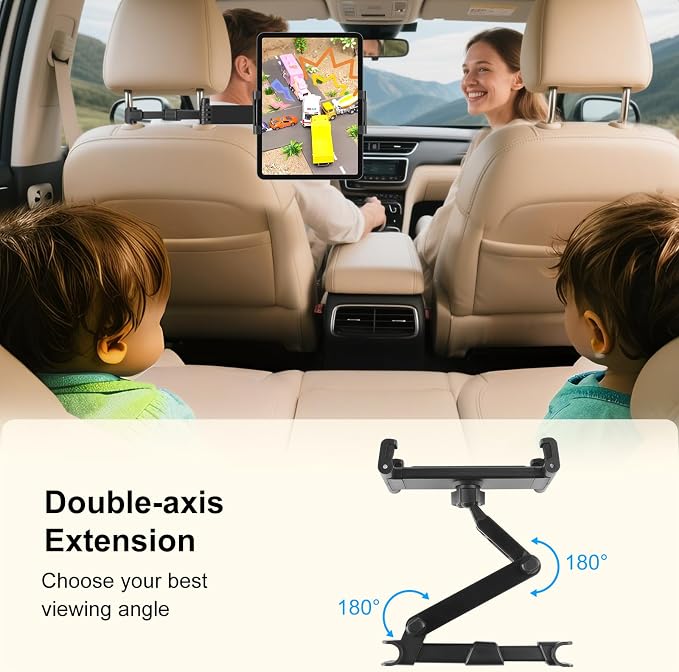 Kairiyard Tablet Holder for Car, 3 in 1 Extension Arm Adjustable Car Headrest Tablet Holder Road Trip Essentials Back Seat Tablets Cars Mount Compatible with iPad Pro, Air, Mini, 4.7-11" Devices