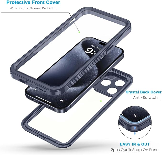 Lanhiem for 15 Pro Case, IP68 Waterproof Dustproof Shockproof Case with Built-in Screen Protector, Full Body Protective Heavy Duty Phone Cover for 15 Pro - 6.1 inch (Dark Blue)