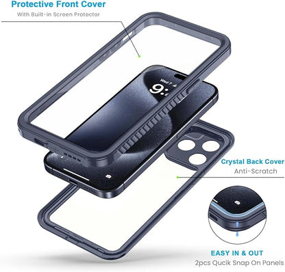 Lanhiem for 15 Pro Case, IP68 Waterproof Dustproof Shockproof Case with Built-in Screen Protector, Full Body Protective Heavy Duty Phone Cover for 15 Pro - 6.1 inch (Dark Blue)
