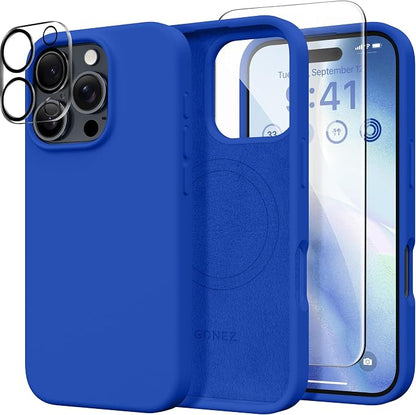 GONEZ Magnetic for iPhone 16 Pro Max Case, Compatible with MagSafe, Liquid Silicone Case, with Screen Protector + Camera Protector, Full Body Protective Shockproof Phone Cover 6.9", Klein Blue
