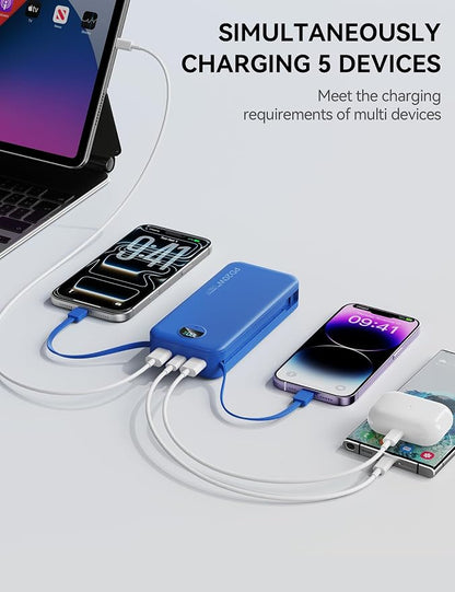 Nusyddy Portable Charger 20000mAh PD20W w/Built-in Cables & Wall Plug Navy | PD20W Fast Charging, High Capacity, LED Display, Charge 5 Devices at once, TSA Approved, Compatible with iPhone/iPad/Samsung