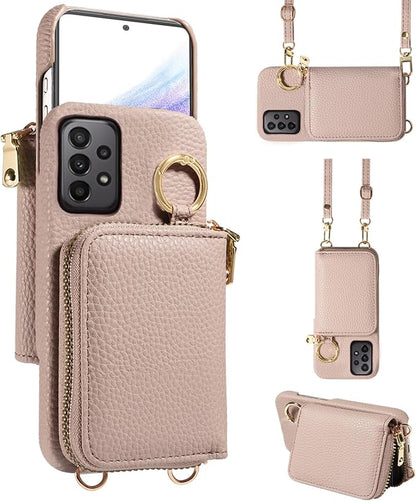 Wallet Case for Samsung Galaxy A53 5G with Shoulder Strap Ring Buckle, PU Leather Zipper Flip Organ Purse, Card Holder Stand Full Body Cell Phone Cover for A 53 G5 53A SM A536U 6.5" 2022 Khaki
