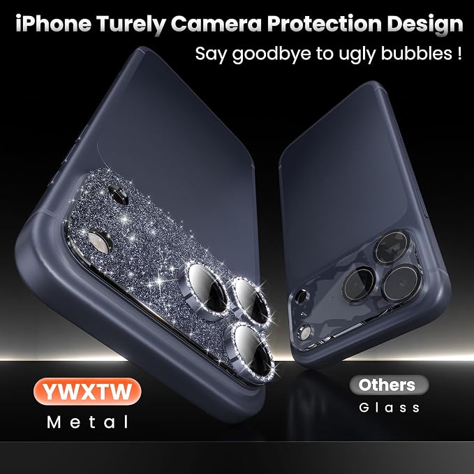 YWXTW for iPhone 17 Pro Camera Lens Protector, [Upgraded Glitter Design] Full Bling Sparkly Diamond Tempered Glass Screen Protector Metal Camera Cover Accessories (Glitter Blue, iPhone 17 Pro)