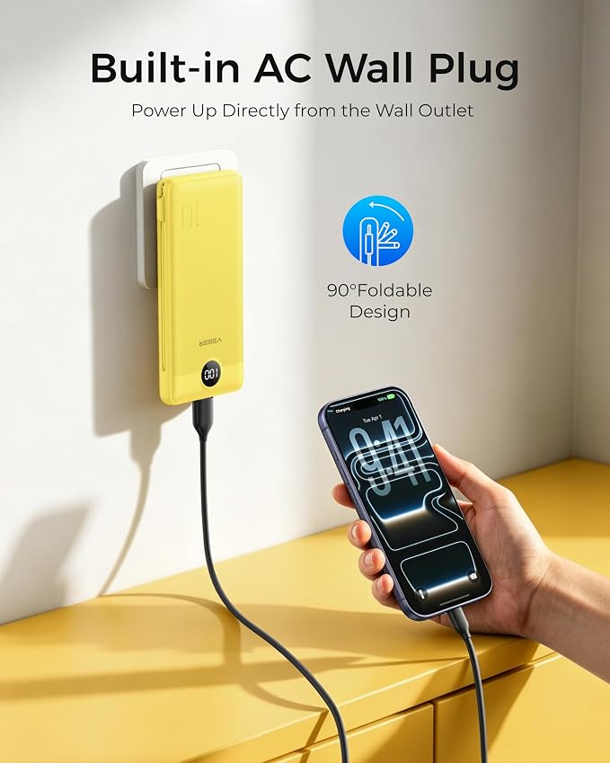 VEGER Portable Charger with Built-in AC Plug and Cables, All in One 10000mAh Ultra Slim Power Bank Travel Essentials, USB C External Battery Pack Compatible with iPhone, Samsung, More, Yellow