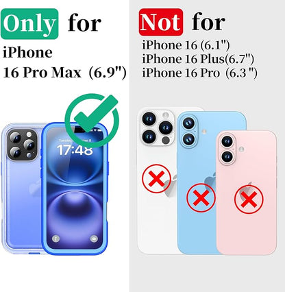 Cozycase for iPhone 16 Pro Max Case Waterproof - 360 Heavy Duty with Screen/Camera Protector Shockproof IP68 Underwater Dustproof Water Shock Proof Full Body/Front and Back Case Blue/Frosted Clear